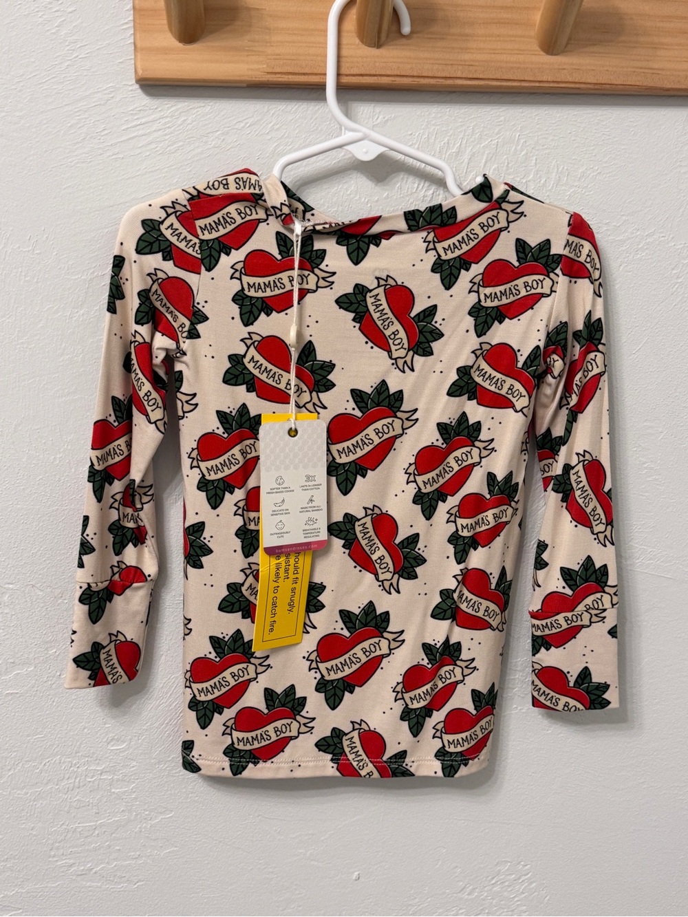 Kids 2T Long Sleeve 'Mamas Boy' Heart Tattoo Pajama Long Sleeve Bamboo NEW